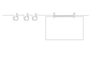 folha em branco pendura em uma corda com prendedores de roupa com corações. fundo festivo. layout ou modelo para um cartão de férias. ilustração vetorial. único desenho de linha contínua. vetor