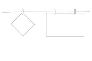 única linha contínua desenhando um cartão de papel de nota quadrado em branco pendurado com clipe de madeira ou prendedor de roupa no pino de corda. ilustração vetorial. vetor