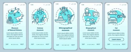 modelo de vetor de tela de página de aplicativo móvel de integração de exposição e museu. história Natural. Passo a passo do site com ilustrações lineares. ux, ui, gui conceito de interface de smartphone