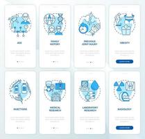 conjunto de tela de página de aplicativo móvel de integração azul de artrite. fatores de risco e prevenção passo a passo 4 passos instruções gráficas com conceitos. modelo de vetor ui, ux, gui com ilustrações coloridas lineares