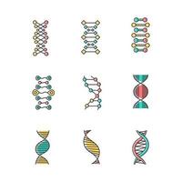 Conjunto de ícones de cores de dupla hélice de DNA. desoxirribonucleico, estrutura de ácido nucleico. fios em espiral. cromossoma. biologia molecular. Código genético. genoma. genética. remédio. ilustrações vetoriais isoladas vetor