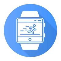 rastreador de fitness executando o ícone de glifo de longa sombra de design plano azul do aplicativo. função smartwatch e serviço de bem-estar. aplicativo esportivo. velocímetro e rastreamento de passos. ilustração em vetor silhueta