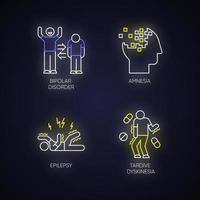 conjunto de ícones de luz neon de transtorno mental. episódios maníacos e depressivos. transtorno bipolar. amnésia. perda de memória. crise epiléptica. discinesia tardia. sinais brilhantes. ilustrações vetoriais isoladas vetor