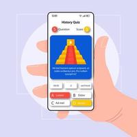 modelo de vetor de interface de smartphone de verificação de conhecimento de história. layout de design branco da página do aplicativo móvel. tela do questionário histórico. interface do usuário plana para aplicação. mão segurando o telefone com pergunta, respostas em exibição