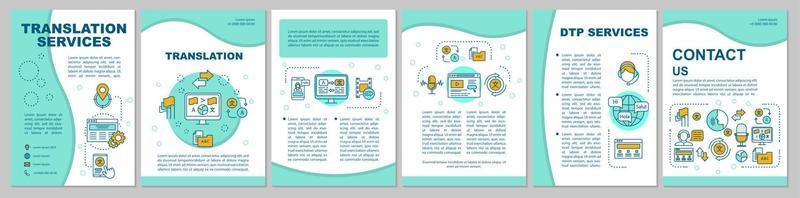 layout de modelo de brochura de serviços de tradução. transcrição de áudio. folheto, livreto, design de impressão de folheto com ilustrações lineares. layouts de página de vetor para revistas, relatórios, pôsteres de publicidade