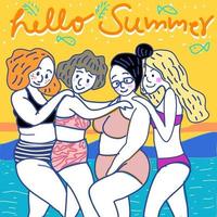 grupo de amigas de biquíni na praia no verão com a montanha do mar azul e o céu do sol mão desenhada cartoon vector.best grupo de amigos. vetor