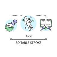 ícone do conceito de maldição. ocultismo e ilustração de linha fina de ideia de bruxaria. magia negra, feitiço da morte. boneca de vodu com desenho de contorno isolado de vetor de agulhas, poção e livro de feitiços. curso editável