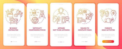 sinais de TDAH desatentos na tela da página do aplicativo móvel. esquece prazos passo a passo 5 passos instruções gráficas com conceitos. modelo de vetor ui, ux, gui com ilustrações coloridas lineares