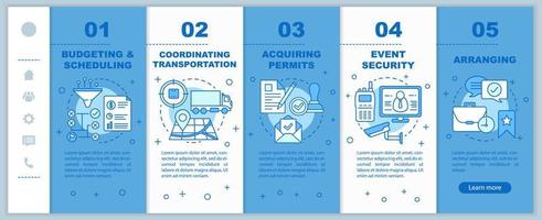 planejamento de eventos onboarding modelo de vetor de páginas da web móvel. orçamentação e programação, organização, transporte. ideia de interface de site de smartphone responsivo com ilustrações lineares