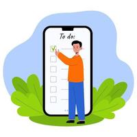 empresário coloca uma marca de seleção na lista de verificação do aplicativo móvel. para fazer a lista na tela do smartphone. gerenciamento de tempo e planejamento. ilustração em vetor conceito em estilo simples.