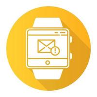 mensagens smartwatch função laranja design plano ícone de glifo sombra longa. envio e recebimento de e-mail, notificações. pulseira fitness. comunicação e conexão. ilustração em vetor silhueta