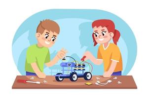 menino e menina montando ilustração em vetor plana de carro robô. kit construtor automatizado para crianças. depois do clube escolar. cursos de robótica para jovens. crianças criando personagens de desenhos animados de brinquedos eletrônicos