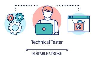 ícone do conceito de testador técnico. ele ilustração de linha fina de ideia de empregado. especialista em testes de software. indicando problemas e problemas. desenho de contorno isolado de vetor. traço editável vetor