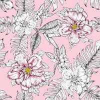 padrão floral sem costura hibisco e flores de frangipani abstraem o fundo desenho de mão de ilustração vetorial para textura de design de impressão de tecido vetor
