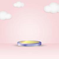 3D pódio mínimo em fundo rosa e nuvens. textura de pódio de ouro roxo forma círculo geométrico. para vitrines de produtos e maquetes de publicidade. modelos modernos vetor