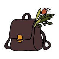 maleta com ervas em estilo doodle. ilustração vetorial de cor da mochila com flores. ícone de mala de mão desenhada dos desenhos animados. linda bolsa de bruxa. vetor
