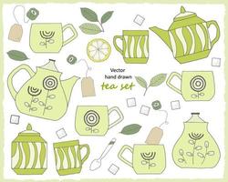 conjunto de chá em bule de cor, xícaras, açucareiro, saquinhos de chá isolados no fundo branco vetor