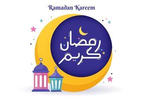 ramadan kareem com mesquita, lanternas e lua em ilustração vetorial de fundo plano para feriado religioso islâmico eid fitr ou banner ou cartaz do festival de adha vetor