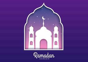 ramadan kareem com mesquita, lanternas e lua em ilustração vetorial de fundo plano para feriado religioso islâmico eid fitr ou banner ou cartaz do festival de adha vetor
