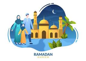 ramadan kareem com pessoas, mesquita, lanternas e lua em ilustração vetorial de fundo plano para feriado religioso islâmico fitr fitr ou banner ou cartaz do festival adha vetor
