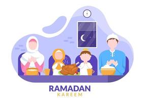 ramadan kareem com quebrar o jejum, iftar ou sahur em ilustração vetorial de fundo plano para feriado religioso islâmico fitr fitr e banner ou cartaz do festival adha vetor