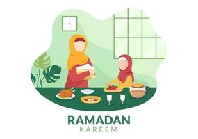 ramadan kareem com quebrar o jejum, iftar ou sahur em ilustração vetorial de fundo plano para feriado religioso islâmico fitr fitr e banner ou cartaz do festival adha vetor