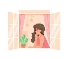 mulher em uma janela aberta em casa relaxando. ilustração vetorial fofa e aconchegante vetor