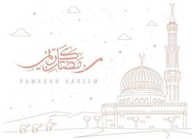 design de banner de saudação ramadan kareem com arte de linha de mesquita na ilustração vetorial de fundo grunge vetor