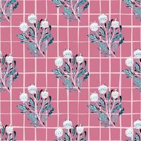 padrão sem emenda de buquê de flores étnicas de cor azul em estilo folk. fundo rosa com cheque. arte floral. vetor