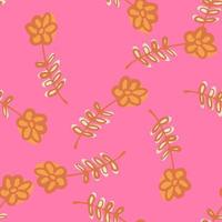 doodle flor simples contornos sem costura padrão de natureza. estampa floral laranja em fundo rosa. vetor