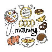 refeição matinal, elementos de estilo doodle desenhados à mão. hora de levantar. café da manhã. bom Dia. morangos e aveia, ovos e salsichas e café. vetor de estilo doodle simples.
