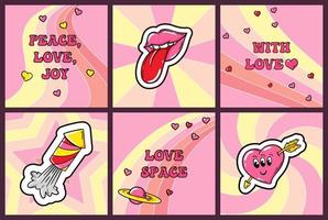 conjunto de cartazes quadrados de amor na moda com ilustrações em quadrinhos fofas. design de vetor groovy.