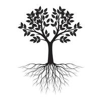 forma preta de árvore com folhas e raízes. ilustração em vetor contorno. plantar no jardim.