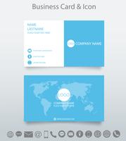 Modelo de cartão de visita criativo moderno e ícone. Design com o negócio de mapa do mundo. fundo branco e azul. Vetor. vetor
