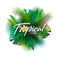 Ilustração tropical do paraíso do verão com letra da tipografia e plantas exóticas no fundo branco. Vector Design de férias com folhas de palmeira e Phylodendron