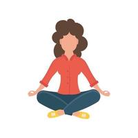 uma jovem em uma pose de ioga faz meditação, prática de atenção plena, disciplina espiritual. uma mulher está sentada de pernas cruzadas no chão e meditando. isolado. estilo de desenho animado plano. vetor de ilustração.