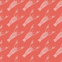 padrão sem emenda criativo de frutos do mar com silhuetas de lagosta rosa claro. animal marinho dos desenhos animados sobre fundo vermelho pastel. vetor