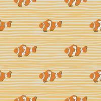padrão sem emenda de tons pálidos com elementos de peixe palhaço doodle. fundo laranja listrado. estilo simples. vetor