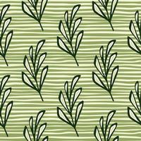 delinear o padrão de doodle sem costura de elementos de ramos de folha verde. fundo listrado verde e branco. vetor