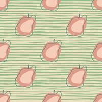 maçã rosa com contornos padrão sem emenda de frutas no estilo doodle. impressão abstrata de alimentos orgânicos. fundo listrado verde. vetor