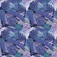 padrão sem emenda tropical em fundo escuro. decoração de textura abstrata com folha monstera, palma e banana em azul e roxo. moda da selva de natureza de verão para impressão. vetor