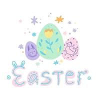 cartão de páscoa com ovos coloridos e flores, letras de estilo doodle, ilustração de desenhos animados plana de cores pastel vetor