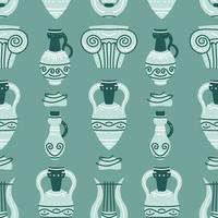 padrão sem emenda com vasos gregos antigos, ânforas e colunas antigas vetor