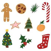 definir elementos de Natal em fundo branco. símbolos abstratos árvore de natal, pão de gengibre, meia, tangerina, biscoitos, início, visco, doces em doodle. vetor