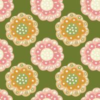 padrão sem emenda de silhuetas de botões folclóricos de cor rosa e bege no estilo doodle. fundo verde-oliva. vetor