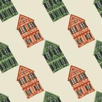 Europa edifício padrão sem emenda com silhuetas de casa laranja e verde. fundo pastel claro. vetor
