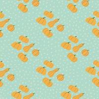 padrão de comida sem costura com ornamento de doodle abóbora laranja. fundo azul suave com pontos. vetor