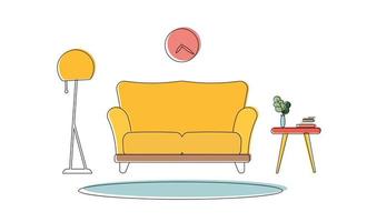 elementos interiores em estilo de arte de linha de cor. tapete, planta de casa, livros, cômoda, luminária de chão, sofá. vetor
