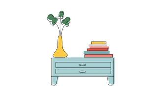 cômoda ou mesa de cabeceira em estilo de linha de arte. uma planta de casa e livros estão no armário. ilustração vetorial. vetor