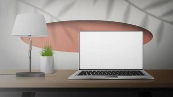 quarto branco com mesa de trabalho, laptop, lâmpada e plantas de casa. laptop com uma tela branca. estilo realista, ilustração vetorial vetor